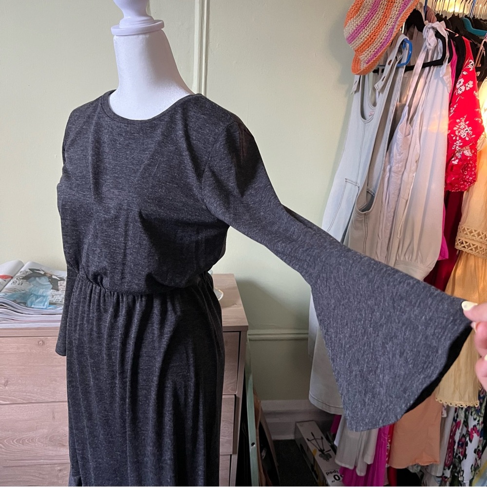 JOE FRESH Grey Long-Sleeve Jersey Stretch Modest Dress Ruffle Hem Bell Sleeve S